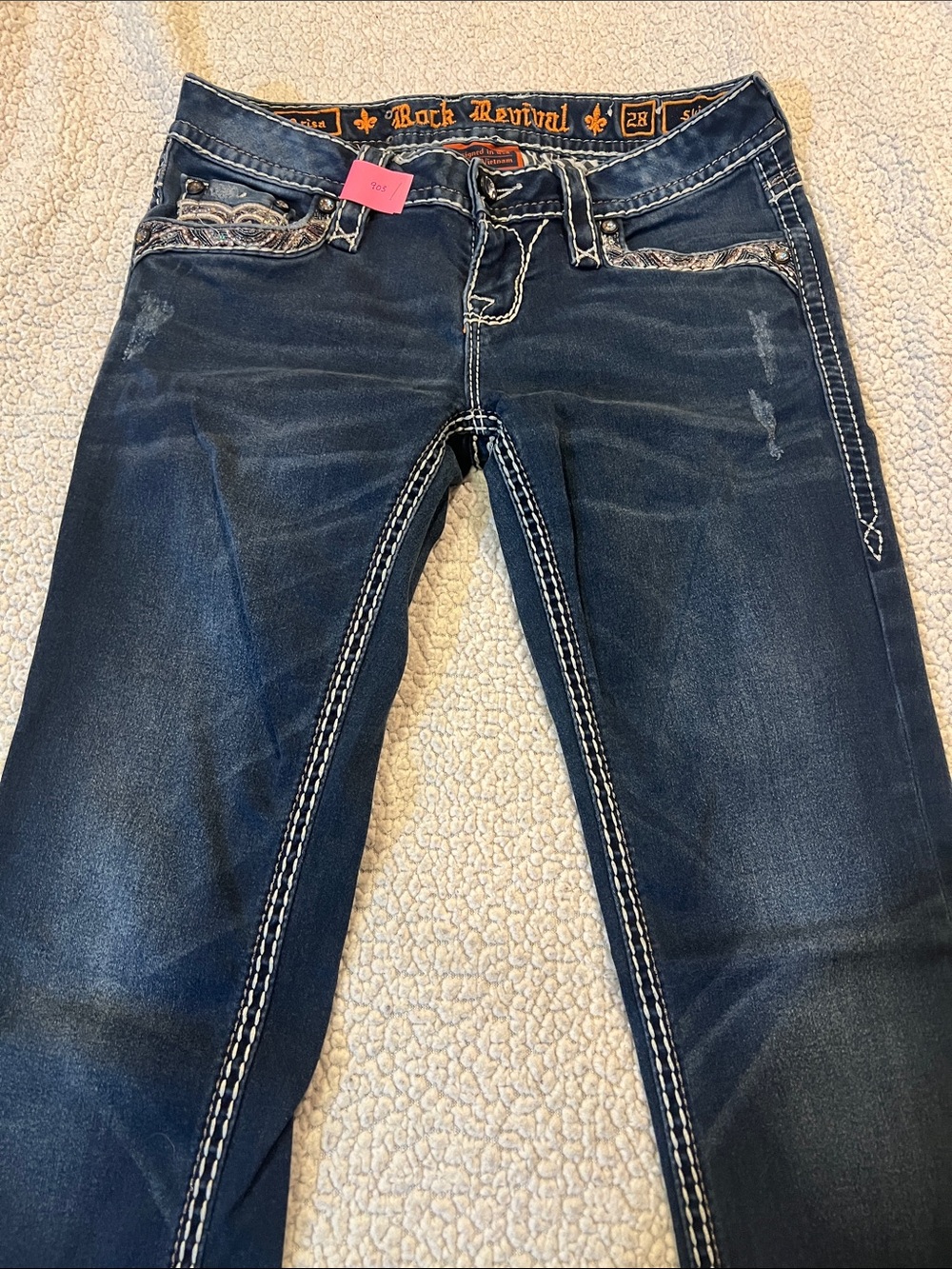 Rock Revival Women’s Dark Blue Skinny Jeans with Contrast Stitching